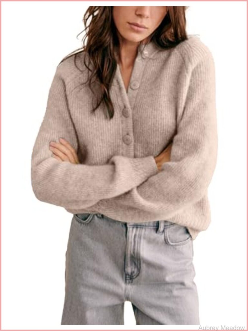 Womens Chunky Knit Open Front Button Down Cardigan Long Sleeve Crewneck Sweater
